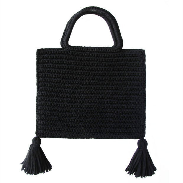 Handcrafted Cotton Tassel Tote bag in Black by Binge Knitting