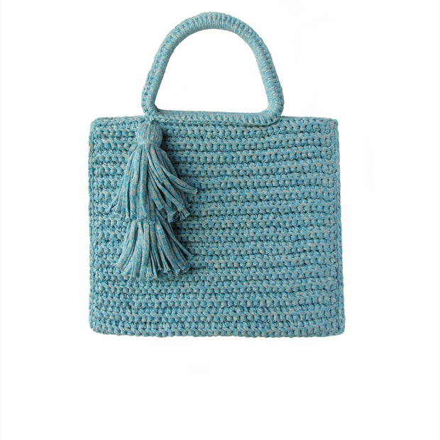 Handcrafted Cotton Tassel Tote bag in Marled Blue by Binge Knitting
